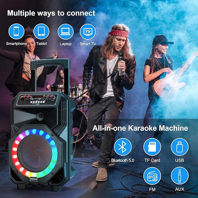 Karaoke Machine with 2 Wireless Microphones, Rolling Wheels, and Trolley – 8800mAh Portable Bluetooth Speaker, PA System with Lights, Adjustable Bass/Treble/Echo for Parties, Indoor and Outdoor Use