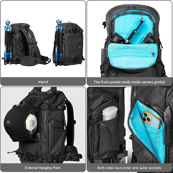 Tenzing 25L Camera Backpack with Rain Cover for Photographers 14 inch Laptop Compartment Waterproof Large Camera Bag for Drone,Cameras, Batteries, Lenses,Tripod(Black)