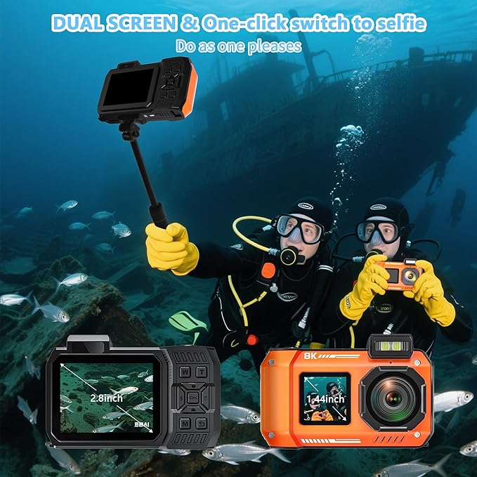 8K Waterproof Digital Camera Snorkeling: 70MP 33FT Compact Rugged Underwater Camera - HD Dual-Screen with 18X Zoom Selfie 64GB Card & 2500 mAh Battery for Outdoor Scuba Diving Fishing Swimming Orange