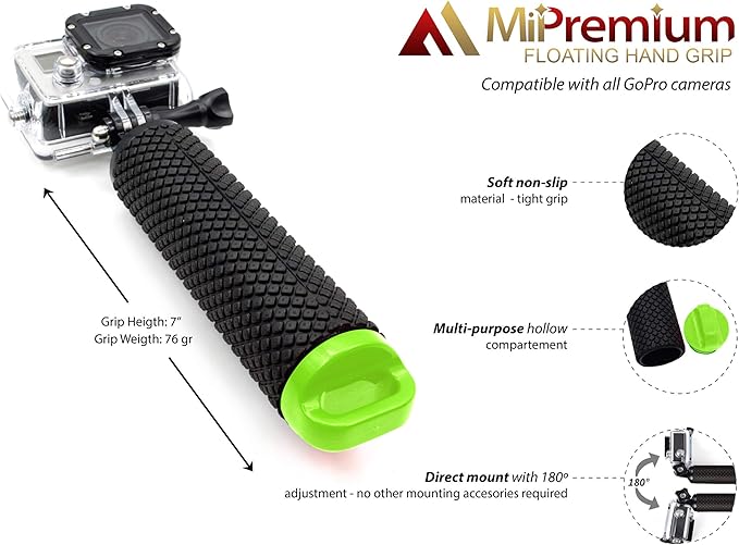 Waterproof Floating Hand Grip Compatible with GoPro Hero 12 11 10 9 8 7 6 5 4 3+ 2 1 Session Black Silver Camera Handler & Handle Mount Accessories Kit for Water Sport and Action Cameras (Green)