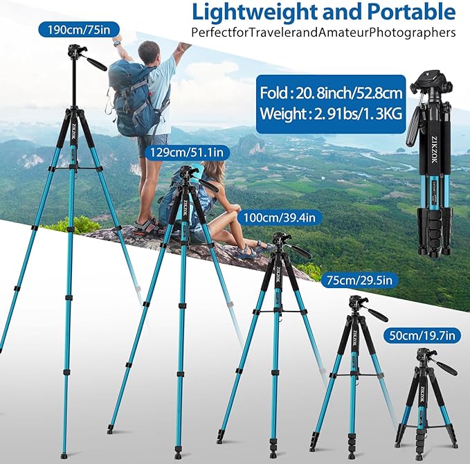 75" Heavy Duty Camera Tripod Stand with Bluetooth Remote - Max Load 15LB, Aluminum Travel Tripod for DSLR/Phone/Tablet/Projector, 3-Way Pan Head & Quick Release Plate, Compact Foldable Design (Blue)
