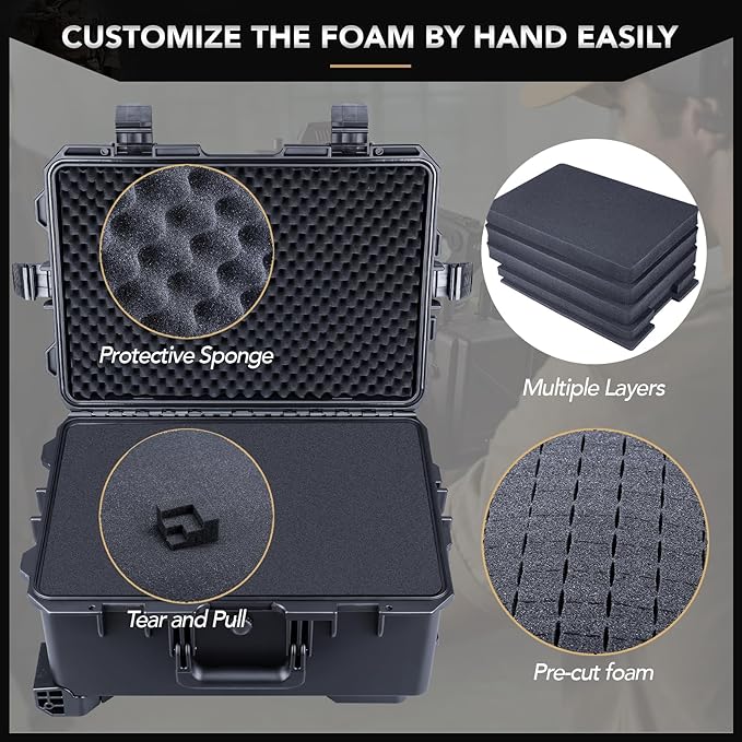 Lykus HC-5220 Waterproof Hard Case with Wheels and Customizable Foam, Interior Size 20.5x14.2x9.7 inch, Suitable for camera, lens, drone, mic, flashlight, projector, electronics, tools, and more
