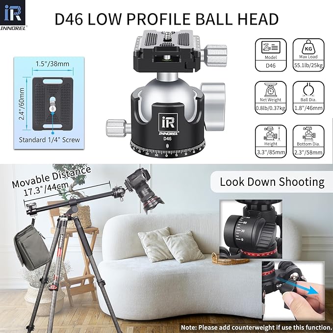 Carbon Fiber Horizontal Tripod INNOREL YT284C, Rotatable Multi-Angle Center Column and 46mm Low Gravity Ballhead Professional Camera Tripod Monopod for DSLR Video Camcorder Overhead Shooting Load 20kg