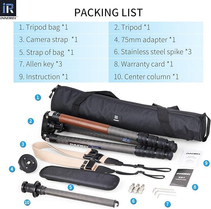 Carbon Fiber Tripod-INNOREL ST344C Professional Heavy Duty Camera Stand Monopod with 75mm Bowl Adapter Tube Leg 34.4mm,Max Load 30kg for DSLR Travel Shooting with ER31C Center Column add Camera Strap