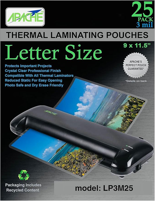 Apache Laminating Pouches 3 mil, for 8.5 x 11 inch Letter Size Paper, 9 x 11.5 inch Sheets, 25 Pack, Office and School Supplies, Thermal Laminator, Super Clear Sheets, 25-Pack, 3mil, Letter Sized