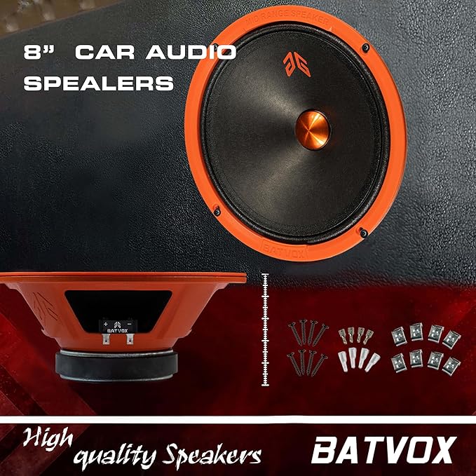 MX80P1 Midrange Loudspeaker 8" Orange Dust Cap, 480W Max, 4 Ohms, Premium Quality Audio Door Speakers for Car or Truck Stereo Sound System, Orange (2 Speaker)