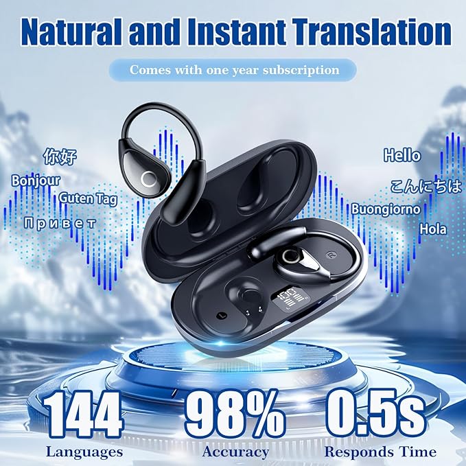 AI Real-Time Translation Earbuds, Bluetooth 5.4 Language Translation Headphones, Supporting 144 Language Accents, Ear-Hanging Language Translation Device, Suitable for Business Travel and Learning