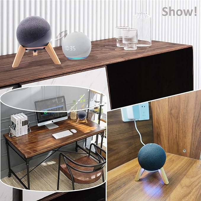 Real Wood Stand for Echo Dots(4th Gen),(5th gen) Speaker,Wooden Mount Accessories Anti-Slip Holder Tripod for Echo Dot (2024 Model),(White Oak)