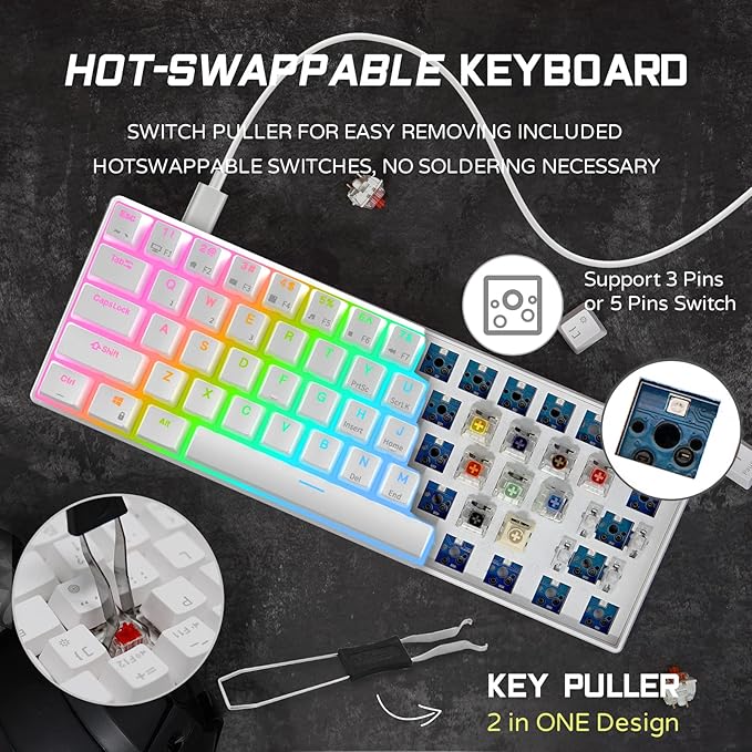 RK ROYAL KLUDGE RK61 Wired 60% Mechanical Gaming Keyboard Programmable QMK/VIA RGB Backlit 61 Keys Ultra-Compact Hot Swappable Blue Switch White