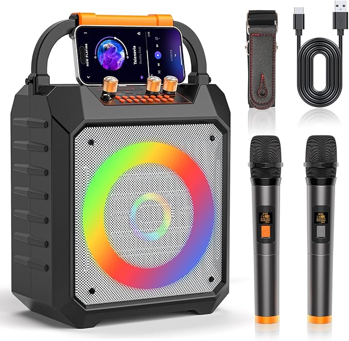 Portable Karaoke Machine with 2 Wireless Microphones for Adults Gifts,5 LED Lights Mode,Outdoor Bluetooth Speakers with PA System for Home,Party,Singing,Classroom,Supports TF/SD/USB/AUX in/FM/REC