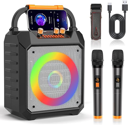 Portable Karaoke Machine with 2 Wireless Microphones for Adults Gifts,5 LED Lights Mode,Outdoor Bluetooth Speakers with PA System for Home,Party,Singing,Classroom,Supports TF/SD/USB/AUX in/FM/REC