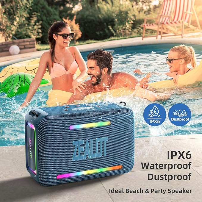 ZEALOT Bluetooth Speaker, 120W Loud Wireless Speakers IPX6 Waterproof Bluetooth Subwoofer Speaker with LED Light, Custom EQ, 40H Playtime, Portable Speakers for Outdoor, Party