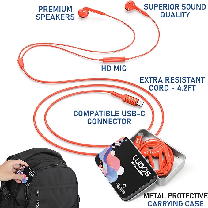 LUDOS FEROX USB C Headphones for iPhone 16 15 Pro Max Plus iPad Pro, 5 Years Warranty, Magnetic USB-C Earbuds for Samsung Galaxy S24 S23 Ultra S22 S21 S20 A55 A54 A53, USB Type C Earphones - Coral