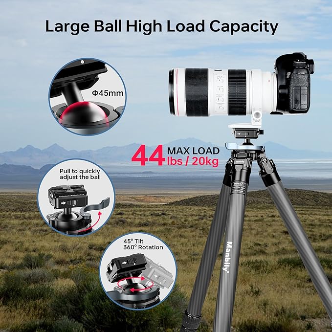 Manbily Shooting Tripod, Carbon Fiber Hunting Tripod with 36mm Legs and 45mm Ball Head, Picatinny to Arca Swiss Adapters, Max Load 44lbs (QM-364PA-Black)
