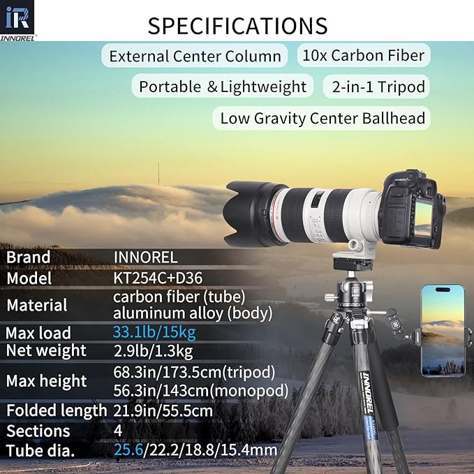 Carbon Fiber Tripod Monopod INNOREL KT254C Professional Portable Compact Travel Tripod for DSLR Camera Stand Support 1.01in/25.6mm Tube Load 33lb/15kg with D36 Low Gravity Center Panoramic Ballhead
