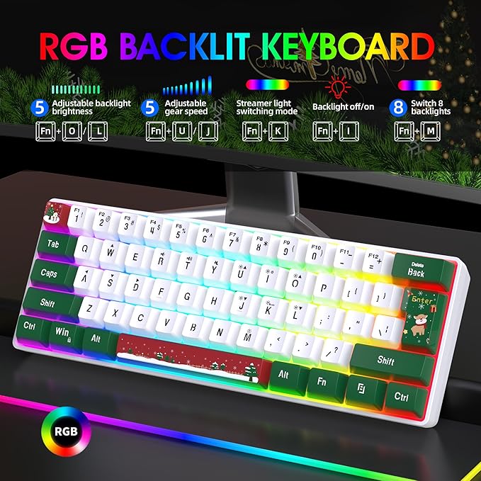 Snpurdiri 60% Wired Gaming Keyboard, RGB Backlit Small Ultra-Compact 61 Keys 60 Percent Gaming Keyboard for PC/Mac Gamer, Typist, Travel, Easy to Carry on Business Trip(Red Green White)