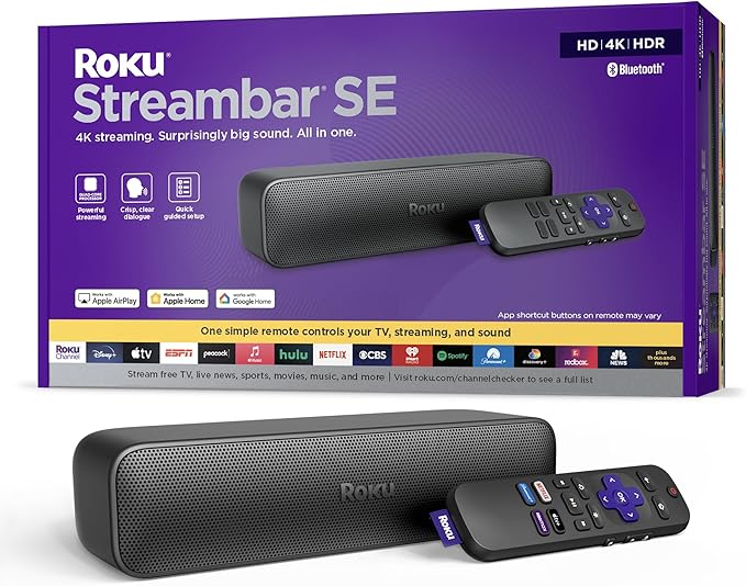 Roku Streambar SE | 2-in-1 TV Soundbar with Built-in 4K/HD/HDR Streaming, Premium Speakers, & Enhanced Speech Clarity for Crisp, Clear Dialogue - Quick Guided Simple Setup