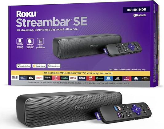 Roku Streambar SE | 2-in-1 TV Soundbar with Built-in 4K/HD/HDR Streaming, Premium Speakers, & Enhanced Speech Clarity for Crisp, Clear Dialogue - Quick Guided Simple Setup