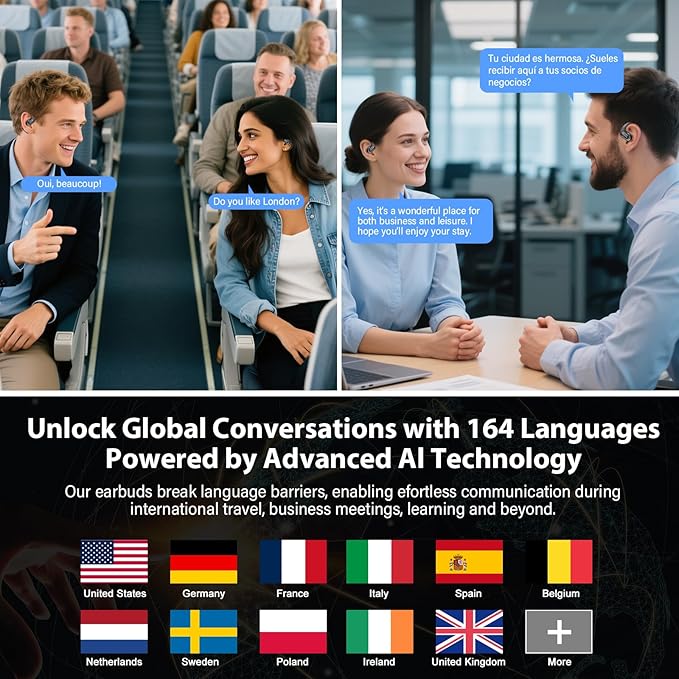 AI Translation Earbuds Real Time with Audio and Video Calls, 164 Language/7 Translation Modes Translator Earbuds Bluetooth 5.4 with APP, 50H Translate Ear Buds Device for Business/Learning/Travel
