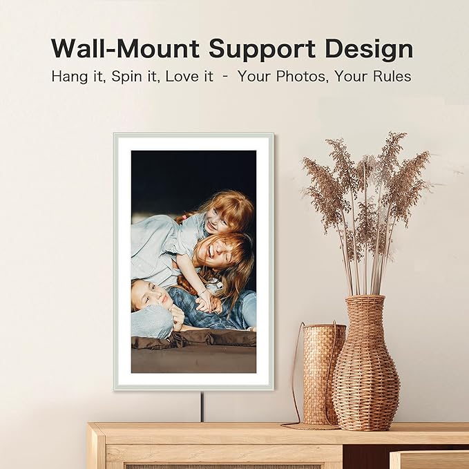 Digital Picture Frame, 15.6 Inch Frameo Digital Frame WiFi, 1920*1080 IPS FHD Touchscreen, 32GB, Tabletop&Wall-Mounted, Share Picture Video, Electronic Photo Frame Slideshow, Gifts for Mom, White Clay