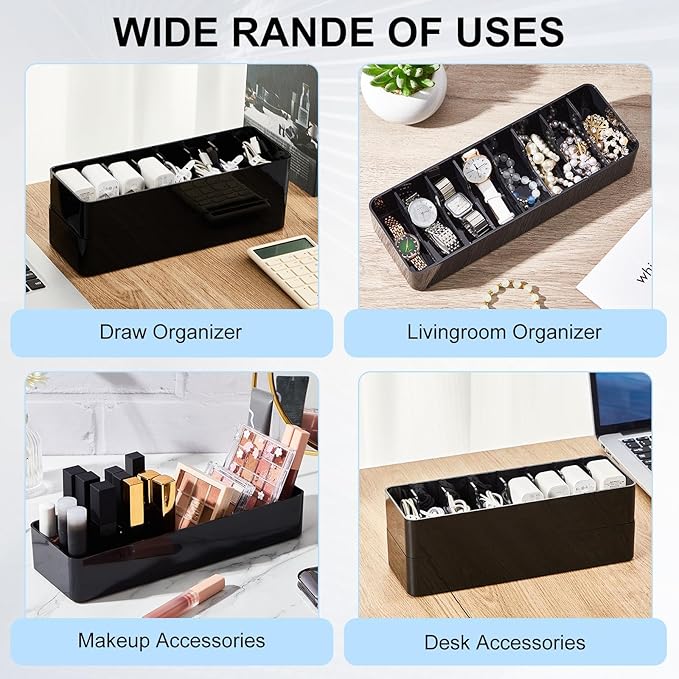 Tatuo 4 Pcs Cable Organizer Box with Wire Ties, Plastic Cord Storage Box with Lid, Electronics Organizer for Home Office Desk Organizers and Accessories (10.79'' X 3.78'' X 1.97'',Black)
