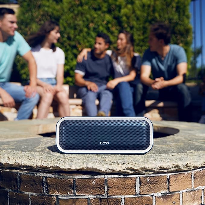 DOSS SoundBox Pro+ Bluetooth Speaker with 24W Impressive Sound, Booming Bass, IPX6 Waterproof, 15Hrs Playtime, Wireless Stereo Pairing, Mixed Colors Lights, 66 FT- Blue