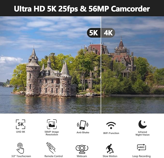 5K Video Camera Camcorder 56MP Wifi IR Night Vision Vlogging Camera, 16X Digital Zoom Touchscreen YouTubers Camera Recorder with Microphone, Lens Hood, Stabiliser, Remote Control, Tripod & 2 Batteries
