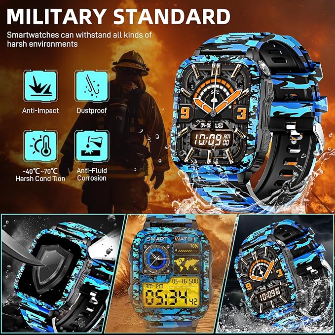 Military Smart Watches for Men (Make/Answer Call) with LED Flashlight 1.96" Screen 430mAh Fitness Tracker with Sport Modes Heart Rate Sleep Monitor Rugged Smartwatch for iPhone Android