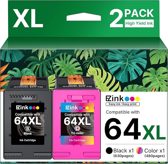 64XL Ink Cartridges Black and Color Combo Pack Remanufactured for HP Ink 64 64XL 64 XL Ink to use with HP Envy Photo 7855 7858 7155 7120 7158 7164 6255 Tango X Printers (1 Black, 1 Tri-Color)