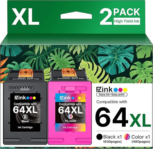 64XL Ink Cartridges Black and Color Combo Pack Remanufactured for HP Ink 64 64XL 64 XL Ink to use with HP Envy Photo 7855 7858 7155 7120 7158 7164 6255 Tango X Printers (1 Black, 1 Tri-Color)