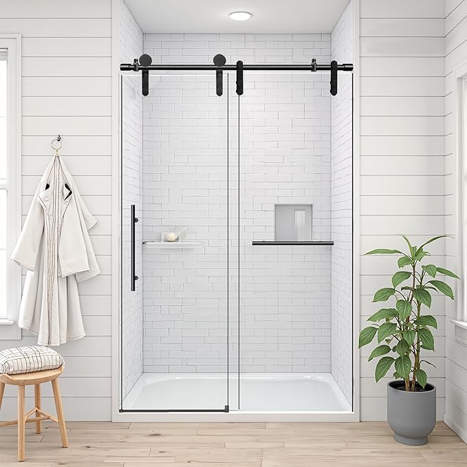 44-48" W x 76" H Frameless Shower Door Bathroom Sliding Shower Door 5/16"(8mm) Thick Tempered Glass Shower Door with Double Stainless Steel Handles for Walk-in Shower, Matte Black