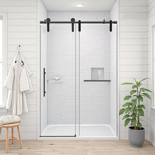 44-48" W x 76" H Frameless Shower Door Bathroom Sliding Shower Door 5/16"(8mm) Thick Tempered Glass Shower Door with Double Stainless Steel Handles for Walk-in Shower, Matte Black