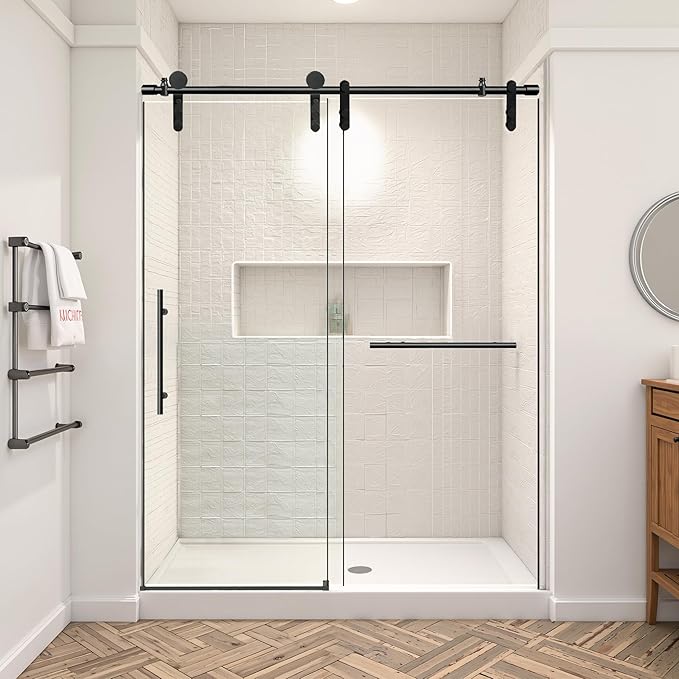 56-60" W x 76" H Frameless Shower Door Bathroom Sliding Shower Door 5/16"(8mm) Thick Tempered Glass Shower Door with Double Stainless Steel Handles for Walk-in Shower, Matte Black