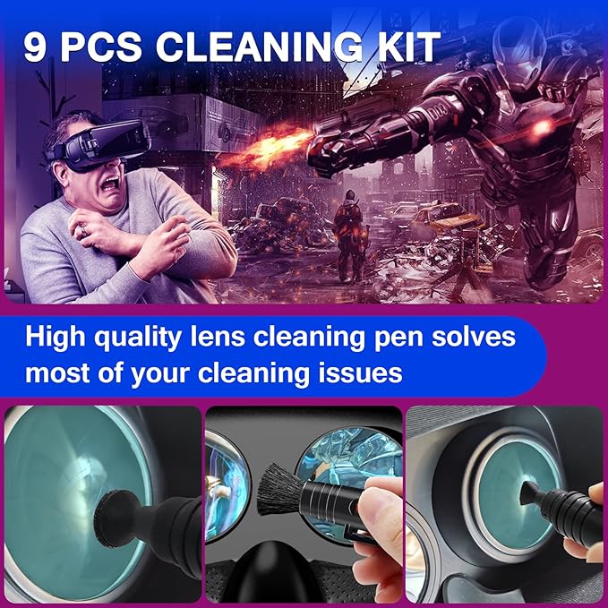 VR Headset Cleaning Kit for Meta Oculus Quest 2 3, Xbox, PS, Wii - Lens Cleaner, Pen Cleaner for Facial Interface, Face Cover Pad, Game Controller - AR VR Accessories