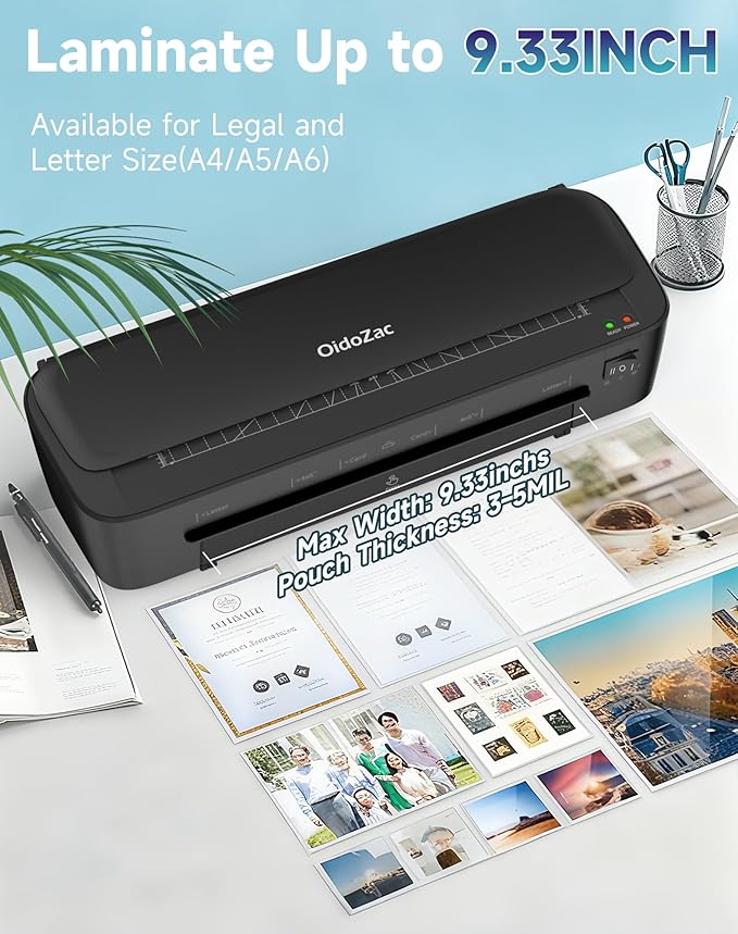 Laminator Machine, 11 in 1 Laminating Never Jam Technology with 36 Laminating Sheets, 9 Inch Thermal Laminator A4 Laminating Machine Hot & Cold Mode for Home Office School Black