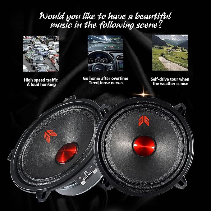 MX52P1 Midrange Loudspeaker 5" Red Dust Cap, 160W Max, 4 Ohms, Premium Quality Audio Door Speakers for Car or Truck Stereo Sound System, Black (2 Speaker)