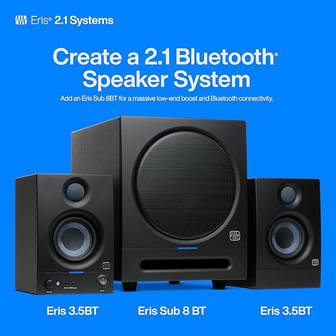 PreSonus Eris 3.5BT Studio Monitors, Pair — 3.5" Inch Powered Bookshelf Speakers, Stereo, Desktop Computer, Near Field Music Production, Audio Mixing Recording
