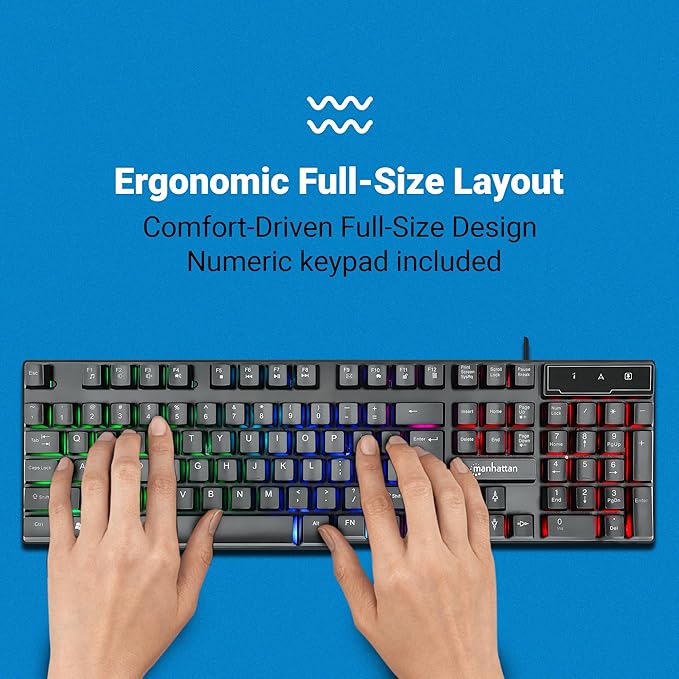 MANHATTAN RGB LED USB Gaming Keyboard - Full Size, Rainbow Backlight, Spill-Resistant, Quiet Keystrokes, 12 Multimedia Function Keys, for Computer, PC, Desktop, Gamer – 3 Yr Mfg Warranty - 180603