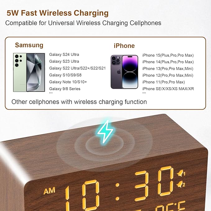 Andoolex Wooden Digital Alarm Clock with Wireless Charging, 0-100% Adjustable Brightness Dimmer and Alarm Volume, Weekday/Weekend Mode, Dual Alarm, Snooze, 12/24H, Wood LED Clock for Bedroom (Brown)