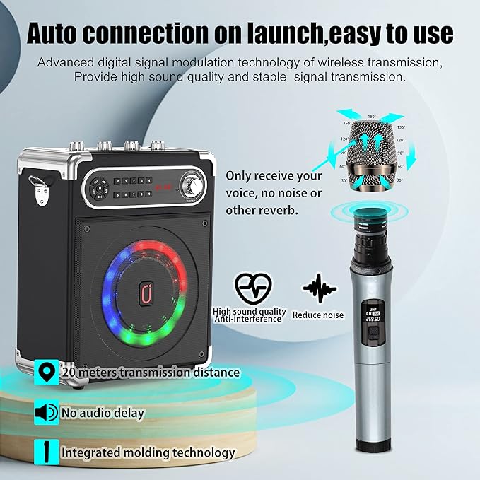 Bluetooth Speaker with Two Wireless Microphones, Outdoor Speaker with Subwoofer/Tweeter, Portable PA Speaker System with Remote Control, Discol Lights, FM, REC for Home, Party