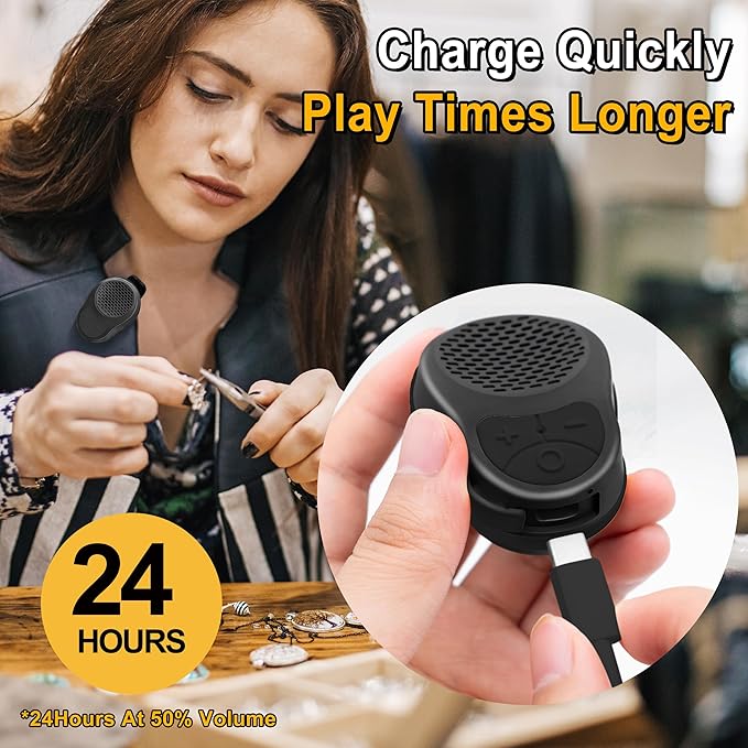 Wearable Bluetooth Speaker Clip On, Small Portable Speaker, Waterproof Bluetooth Mini Speaker with Microphone for Workout Running Up to 24H Playtime(Black+Black)