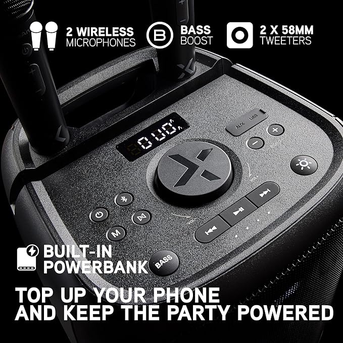 BlueAnt X5i | Portable Bluetooth Party Speaker | Black | 120W Peak Power | Includes (2) Wireless Microphones | (Up to) 30-Hr Playtime