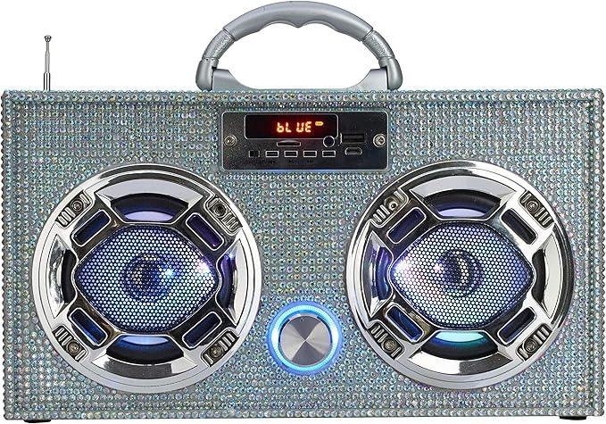 Mini Boombox with LED Speakers – Retro Bluetooth Speaker w/Enhanced FM Radio - Perfect for Home and Outdoor (Iridescent Bling)