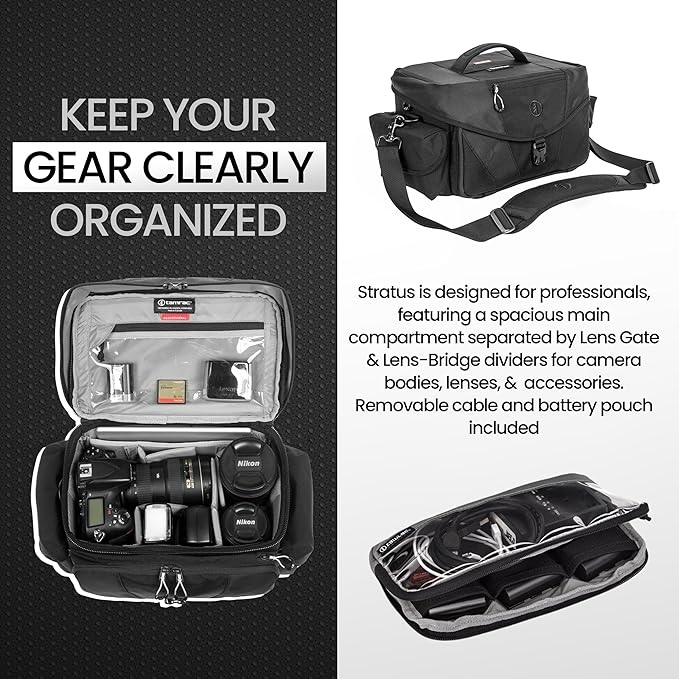 Tamrac Stratus 10 Camera Bag for Photographers, Camera Case for Photography Accessories, Shoulder Bag for DSLR and Mirrorless Cameras, Crossbody Camera Bag with Tripod Holder Strap - Black