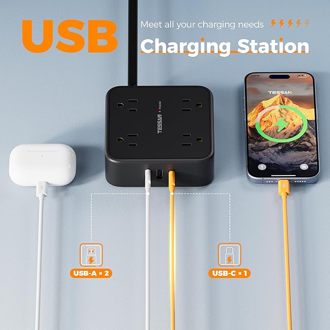 Surge Protector Power Strip, TESSAN 5 FT Black Flat Extension Cord with 8 AC Outlets 3 USB Ports (1 USB C), 900J Protection, 1875W, 3 Sided Wall Plug Extender, Desk Charging Station for Office, Dorm