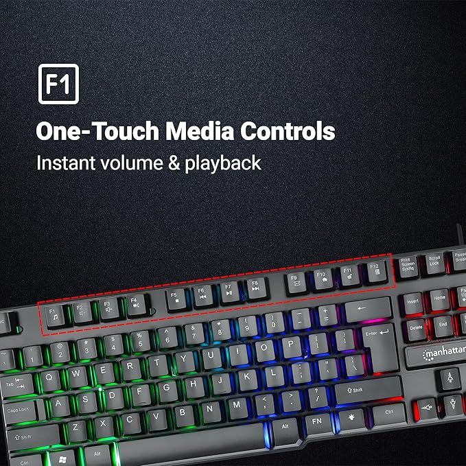 MANHATTAN RGB LED USB Gaming Keyboard - Full Size, Rainbow Backlight, Spill-Resistant, Quiet Keystrokes, 12 Multimedia Function Keys, for Computer, PC, Desktop, Gamer – 3 Yr Mfg Warranty - 180603