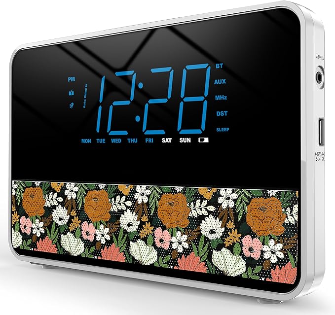 Alarm Clock Radio Bluetooth V5.2 Speaker with HD Sound and Bass,Blue Display with auto Dimmer,Snooze,Sleep Timer,Adjustable Volume,5V1A USB Charging Port