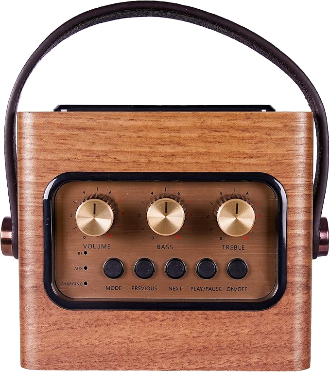 Fuse Andle Vintage Retro Bluetooth Speaker with Vegan Leather Handle | Portable Speaker with Smartphone Connection | USB & AUX Input | Stylish Brown Wood Exterior