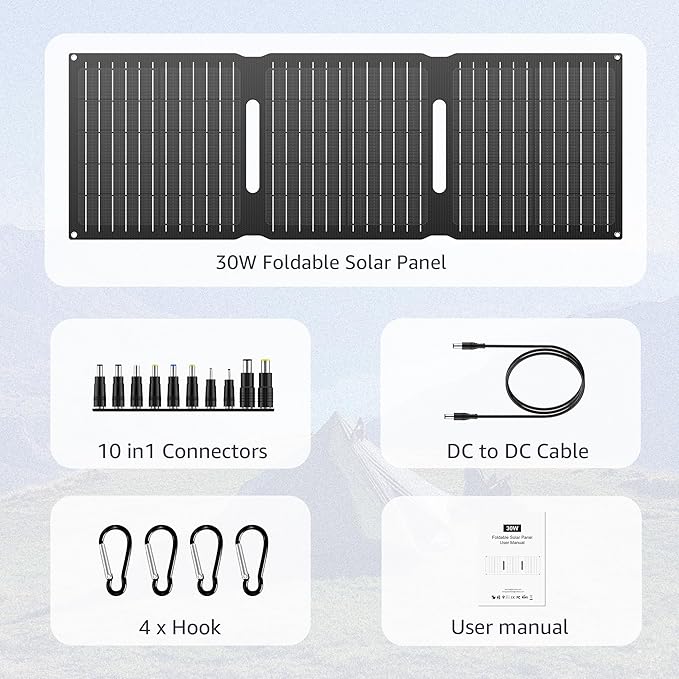 Portable Solar Panel Charger 30W, Foldable Solar Panel Kit with DC/USB C/USB A Output for Power Bank Station Phone Tablet, High Efficiency Waterproof Solar Panel for Camping RV Van Backpacking