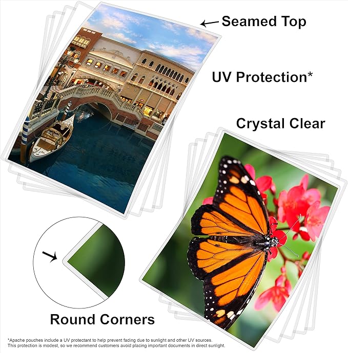 Apache Laminating Pouches 3 mil, for 8.5 x 11 inch Letter Size Paper, 9 x 11.5 inch Sheets, 25 Pack, Office and School Supplies, Thermal Laminator, Super Clear Sheets, 25-Pack, 3mil, Letter Sized